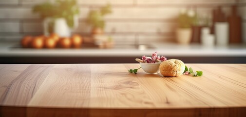 Minimalist modern kitchen bench, wooden finish, condiments, bright and airy, rustic design, Generative AI