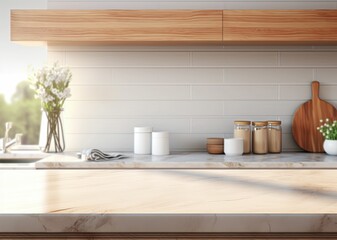 Fototapeta na wymiar Minimalist modern kitchen benchtop, marble, bright and airy, rustic design, Generative AI