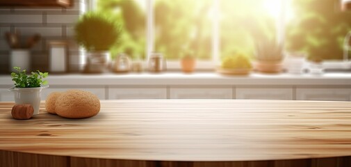 Minimalist modern kitchen bench, wooden finish, condiments, bright and airy, rustic design, Generative AI