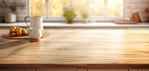 Minimalist modern kitchen bench, wooden finish, bright and airy, rustic design, Generative AI