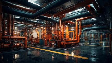 Equipment, cables and piping as found inside of a industrial power plant,