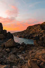 Beautiful sunrise view on the rocky coastline.