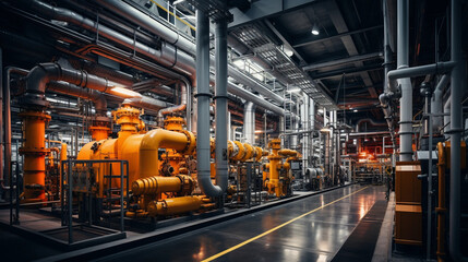 Naklejka premium Equipment, cables and piping as found inside of a industrial power plant,