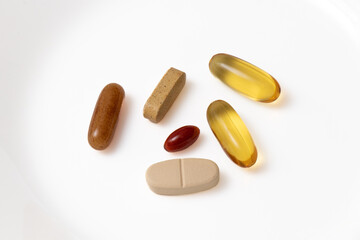 Medicine, vitamin c , calcium carbonate on white background. Close-up.