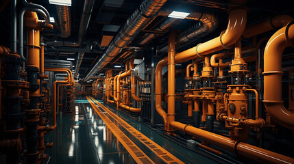 Fototapeta premium Equipment, cables and piping as found inside of a industrial power plant,