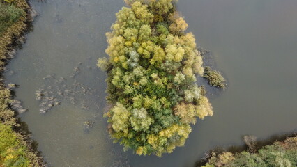 Zdjęcie wyspy pokrytej drzewami na jeziorze wykonane dronem / Photo of an island covered with trees in a lake taken with a drone © silesiafoto