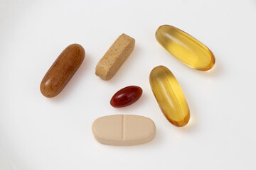 Medicine, vitamin c, calcium carbonate on isolated white background.