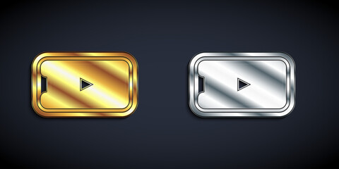 Gold and silver Online play video icon isolated on black background. Smartphone and film strip with play sign. Long shadow style. Vector