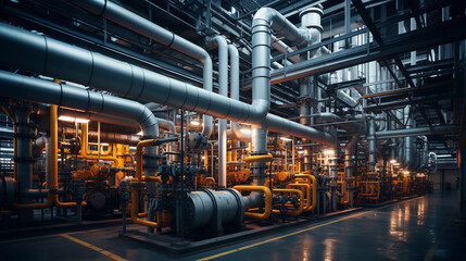 Equipment, cables and piping as found inside of a industrial power plant,