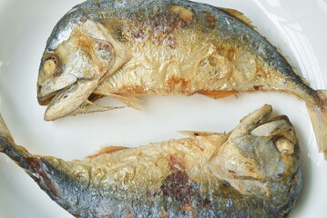 batter fried salty mackerel arranging on plate
