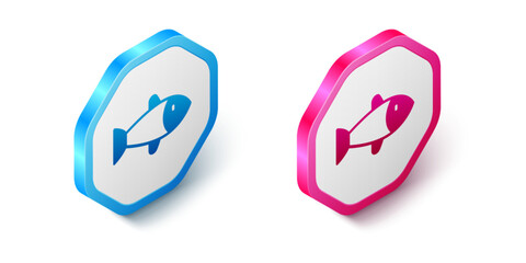 Isometric Fish icon isolated on white background. Hexagon button. Vector