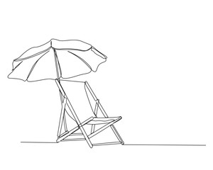 Continuous one line drawing of beach sunbed. Beach umbrella and chair for holiday, summer and vacation concept. Editable stroke.