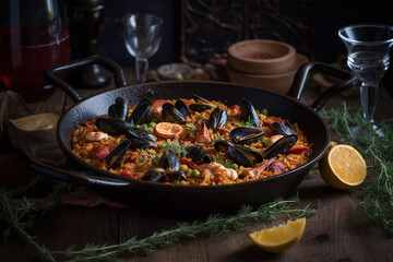 Seafood paella.Close up view