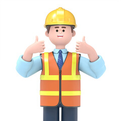 3D Illustration of male engineer Owen showing thumb up, positive hand gesture, good job, respect.Engineer presentation clip art isolated on white background
