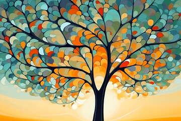 Illustration of an abstract tree with colorful leaves. Abstract creative background.