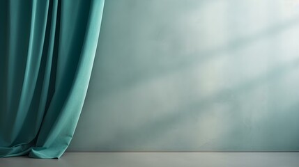 Elegant Room with Curtains in turquoise Colors and Shadow of Windows. Studio Background for Product Presentation.
