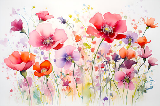 Poppy flowers, watercolor illustration. Summer field flowers with leaves.