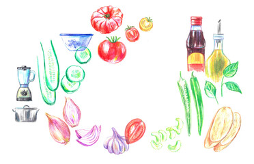 Hand drawn summer gazpacho soup recipe illustration and ingredients poster.