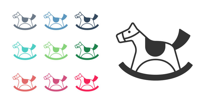 Black Wooden horse in saddle swing for little children icon isolated on white background. Set icons colorful. Vector