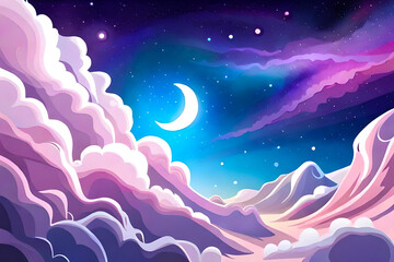 Dreamy pastel watercolor celestial night scene with shining stars in galaxy cartoon background