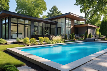 Fototapeta premium Rear garden of a contemporary Australian home with tiled swimming pool, modern real estate. High quality photo