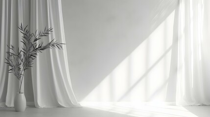 Elegant Room with Curtains in white Colors and Shadow of Windows. Studio Background for Product Presentation.
