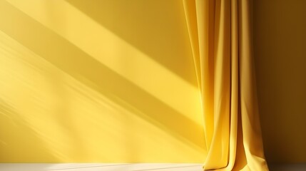 Elegant Room with Curtains in yellow Colors and Shadow of Windows. Studio Background for Product Presentation.
