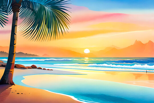 Tranquil watercolor vector sea beach at sunset background with soft pastel hues blending together in the sky