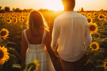 Young couple in white on a romantic walk through the sunflower field. High quality photo