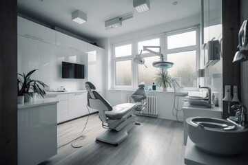 Fototapeta na wymiar Modern Dental Clinic, Dentist chair and other accessories used by dentists in blue medical light. Image generated by AI