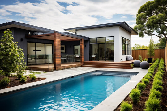 Rear garden of a contemporary Australian home with tiled swimming pool, modern real estate. High quality photo