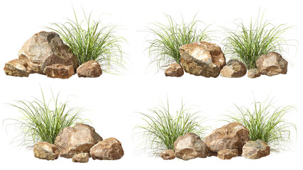 Isolate various rock and grass composition landscape on transparent backgrounds 3d render png © Krit