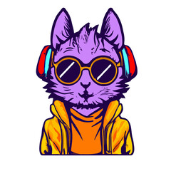 Neon Feline Dreams: Cyberpunk Cat Illustration - Modern Cartoon Artwork in a Retro Night Cityscape