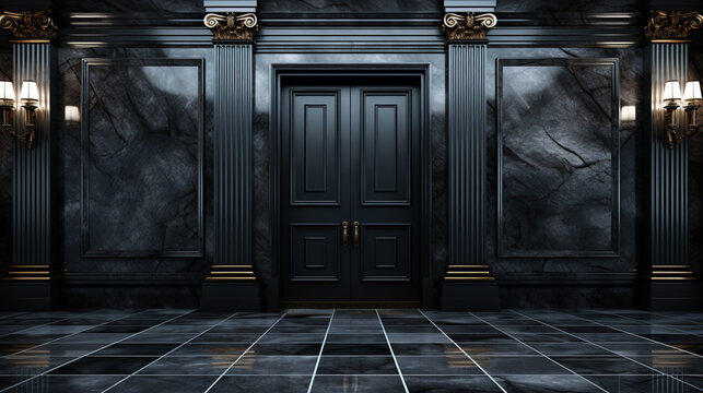 Architectural Splendor: the Opulence of a Large Dark Door in a Black Marble Room, Generative AI