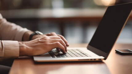 business man working about finance report on digital laptop computer on desk in cafe office, business technology, investment, digital online marketing and financial business concept, Generative AI