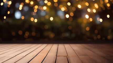 empty brown wooden floor or wood board table with abstract night light bokeh of night festival in garden background, copy space for display of product or object presentation, Generative AI