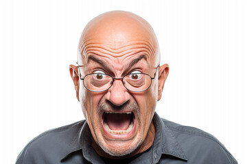 Bald senior man with a funny face expression fooling around. Isolated on white. Emotions. High quality photo - obrazy, fototapety, plakaty
