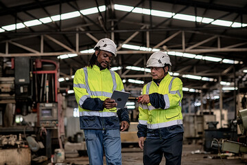 Professional  team engineering Man Worker at industrial factory wearing uniform and hardhats at Metal lathe industrial manufacturing factory. Engineer Operating lathe Machinery