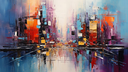 Bold and textured strokes forming a dynamic cityscape, colorful art, multicolored oil art texture pictures Generative AI