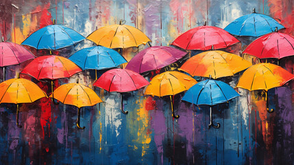 Fototapeta na wymiar Textured raindrops on colorful umbrellas in a rainy scene, colorful art, multicolored oil art texture pictures Generative AI