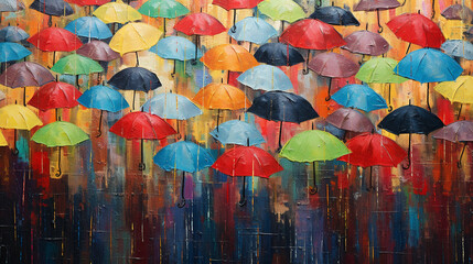 Textured raindrops on colorful umbrellas in a rainy scene, colorful art, multicolored oil art texture pictures Generative AI