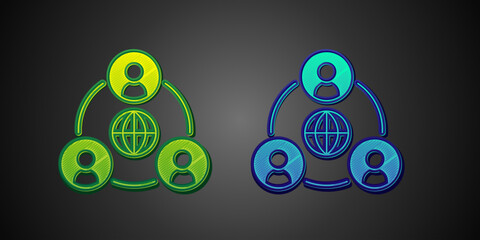 Green and blue Meeting icon isolated on black background. Business team meeting, discussion concept, analysis, content strategy. Presentation conference. Vector