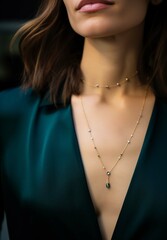 Female model dressed in green necklace, silver necklace around her neck, chain accessory, green suit, portrait woman photo, business woman, woman wearing jewelry.