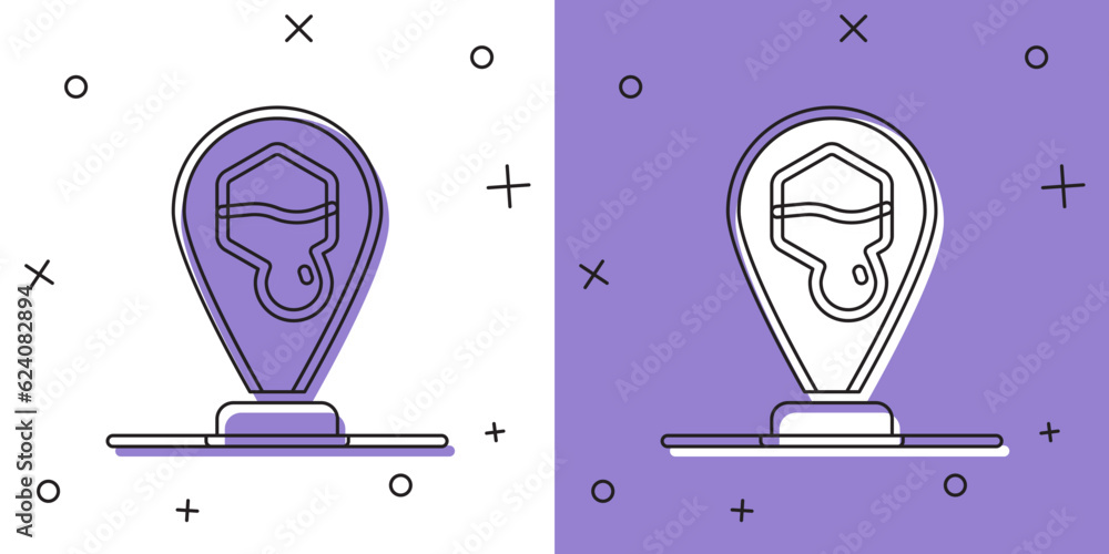Poster set honeycomb bee location map pin pointer icon isolated on white and purple background. farm animal