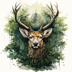 An intricately detailed logo illustration of a majestic deer, showcasing its long, elegant horns. The deer stands amidst a lush forest, surrounded by tall trees and vibrant foliage. The design conveys