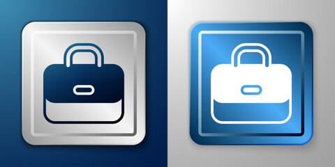 White Briefcase icon isolated on blue and grey background. Business case sign. Business portfolio. Silver and blue square button. Vector