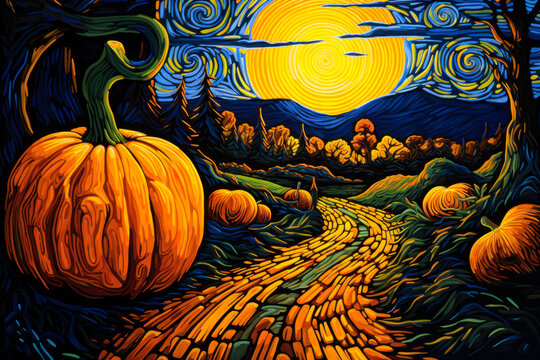 Orange pumpkins along path at night, autumn landscape, oil painting style, fall harvest season, Halloween, background