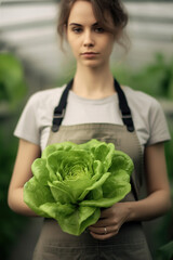 young lady in her apron holding lettuce in the greenhouse