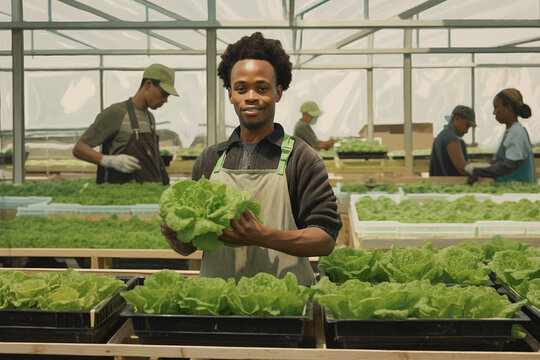 black employee holding bundles of lettuce in a greenhouse, in the style of lively tableaus