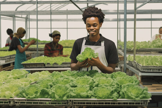 black employee holding bundles of lettuce in a greenhouse, in the style of lively tableaus